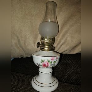Vintage 8" Hand Painted Roses Porcelain Mini Oil Lamp W/ Shade Japan